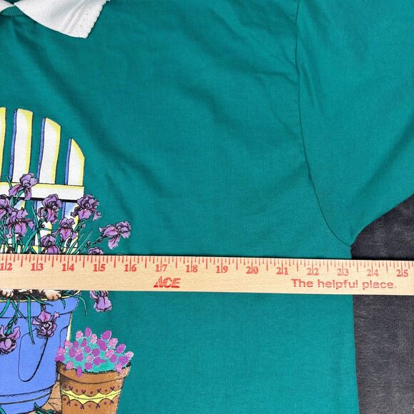 Vintage Gopher Sport‎ Polo Shirt XL USA Made Cat Floral Graphic Teal 90s - Picture 7 of 11